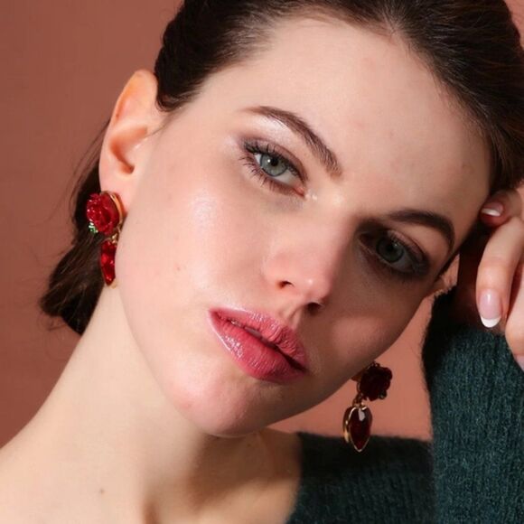 Ruby Red Heart Crystal Flower Gold Statement Drop Earrings - Picture 6 of 10